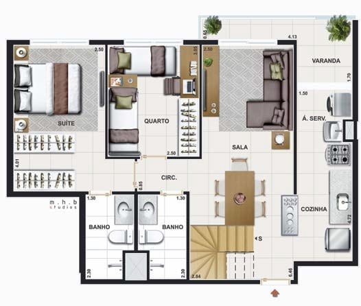 Planta 05 - 3 dorm 128,72m - cobertura duplex - inferior