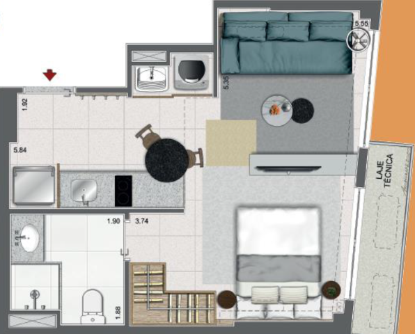 Planta 06 -  1 dorm 33 38m - studio