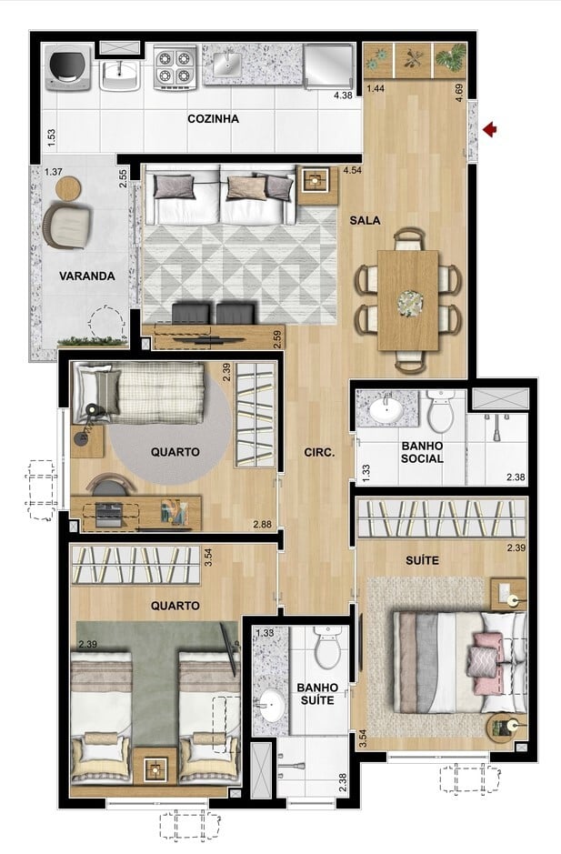 Planta 05 - 3 dorm 68 42m