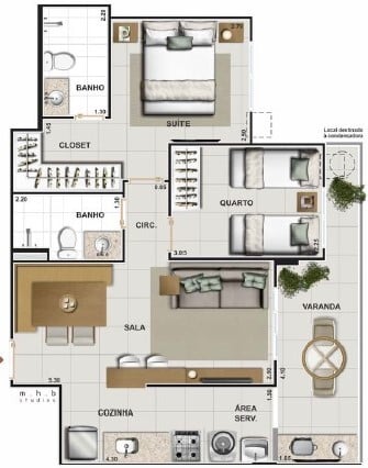 Planta 03 - 2 dorm 58 52m