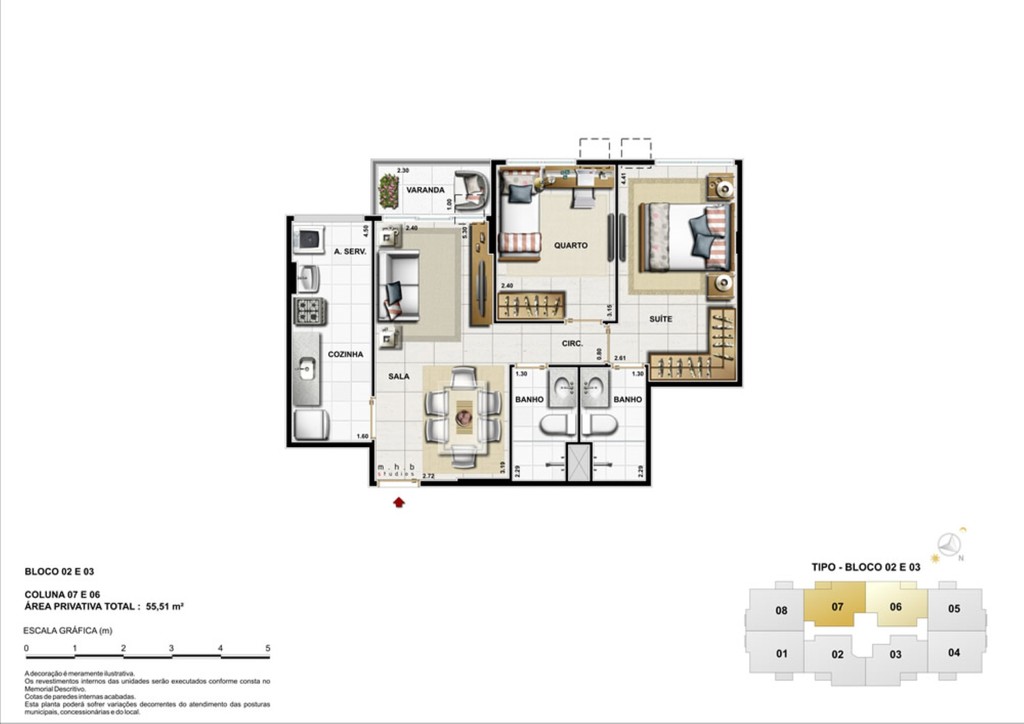 Planta 01 - 2 dorm 55 51m