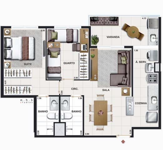 Planta 01 - 2 dorm 62,33m