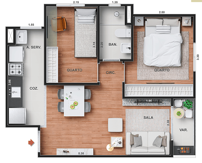 Planta 02 - 2 dorm 42,57m