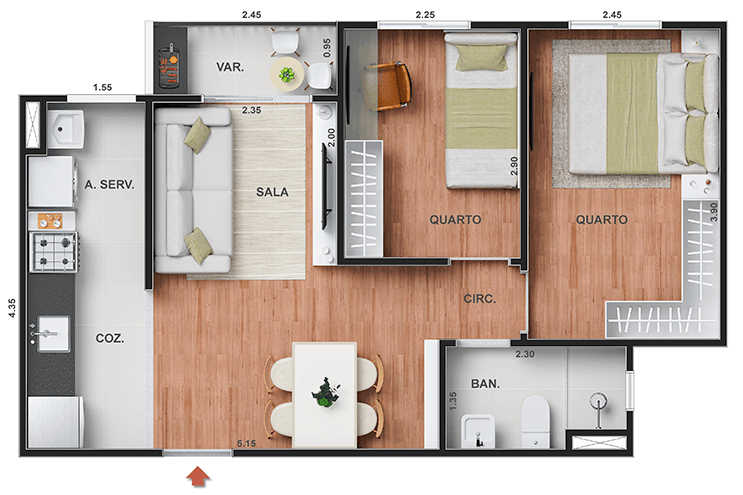 Planta 03 - 2 dorm 43,24m