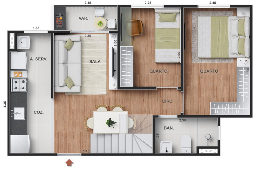 Planta 07 - 2 dorm 81,24m - cobertura duplex - inferior