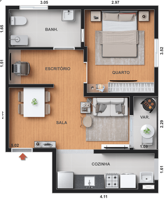 Planta 03 - 1 dorm 43 08m