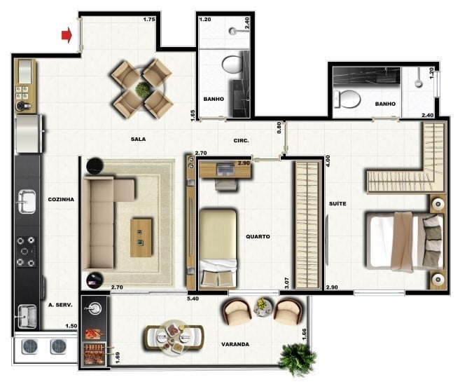 Planta 04 - 2 dorm 70,74m