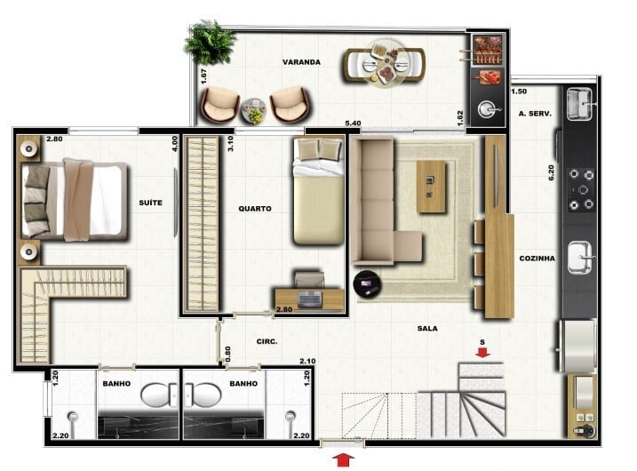 Planta 13 - 3 dorm 121,03m - cobertura duplex - superior