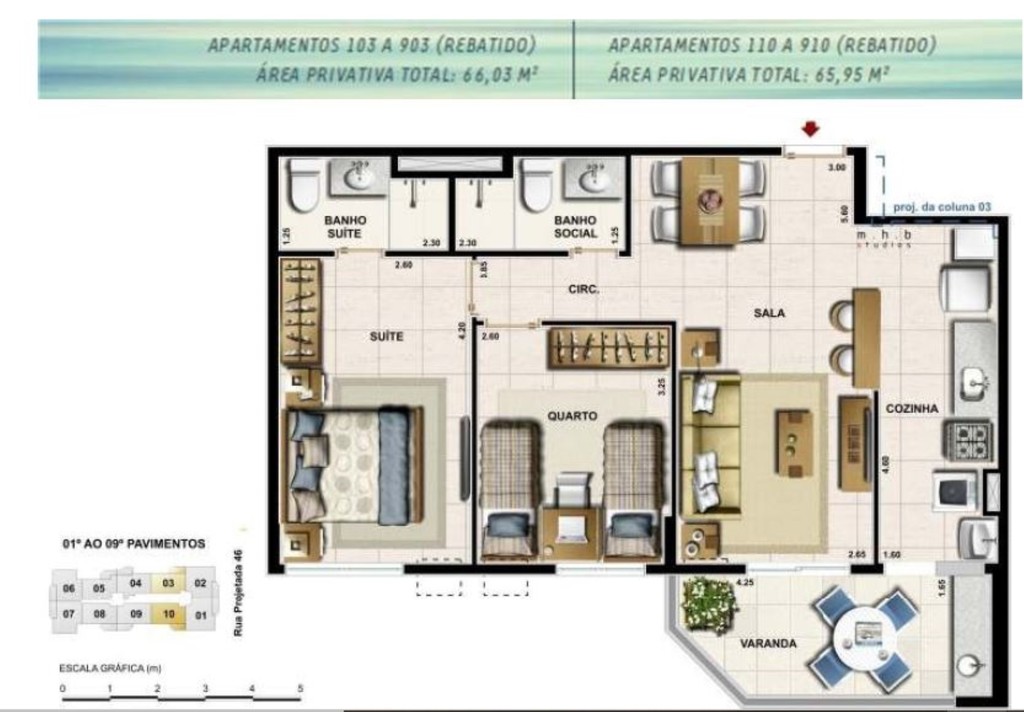 Planta 01 - 2 dorm 65 95m