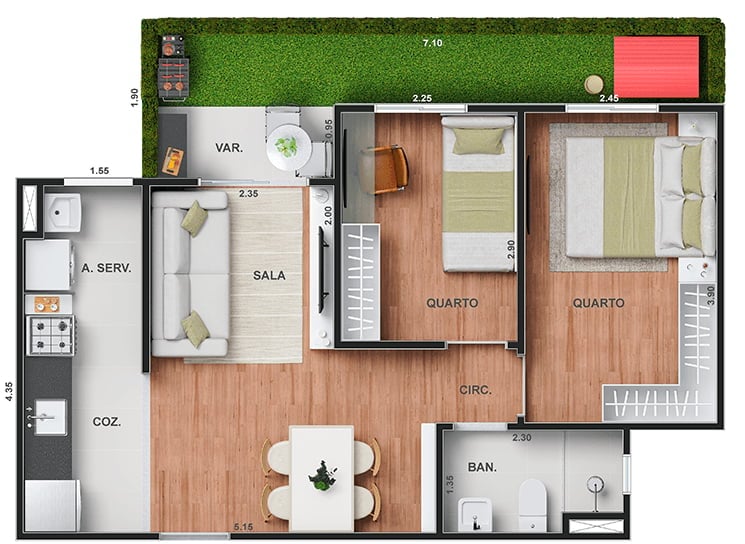 Planta 04 - 2 dorm 50,39m - garden