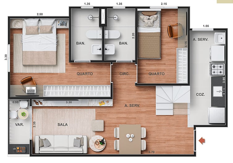 Planta 13 - 2 dorm 103,20m - cobertura duplex - inferior