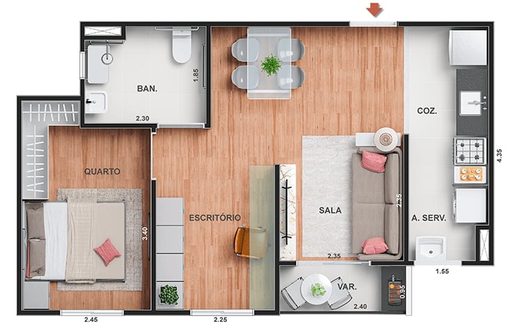 Planta 01 - 1 dorm 43,44m