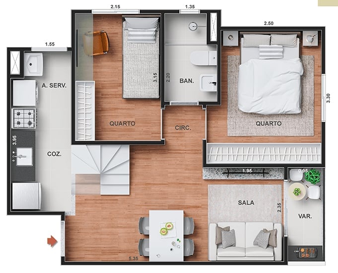 Planta 11 - 2 dorm 86,73m - cobertura duplex - inferior