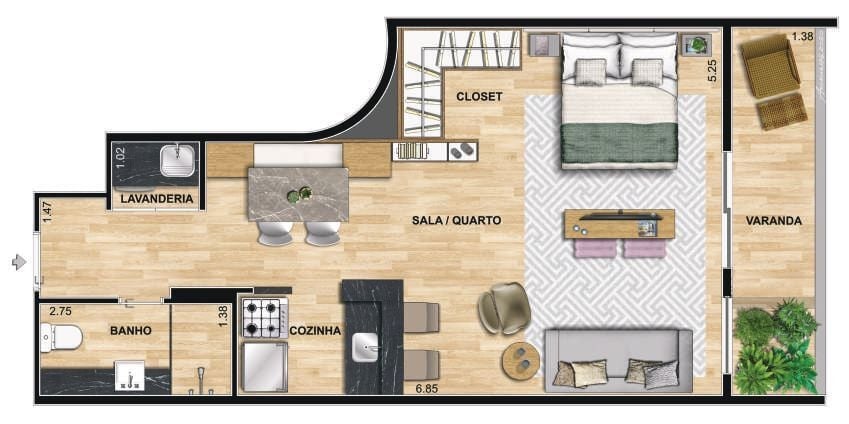 Planta 07 - 1 dorm 50 75m - studio