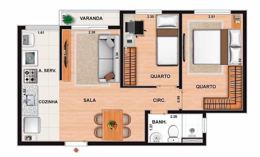 Planta 01 - 2 dorm 44 56m