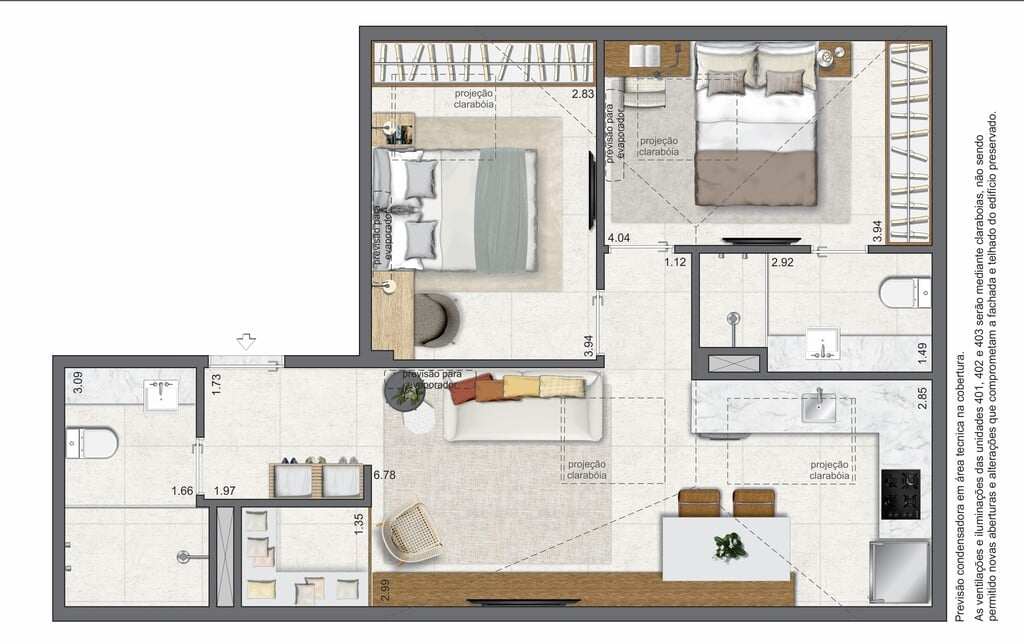 Planta 16 - 2 dorm 59,54m - cobertura horizontal