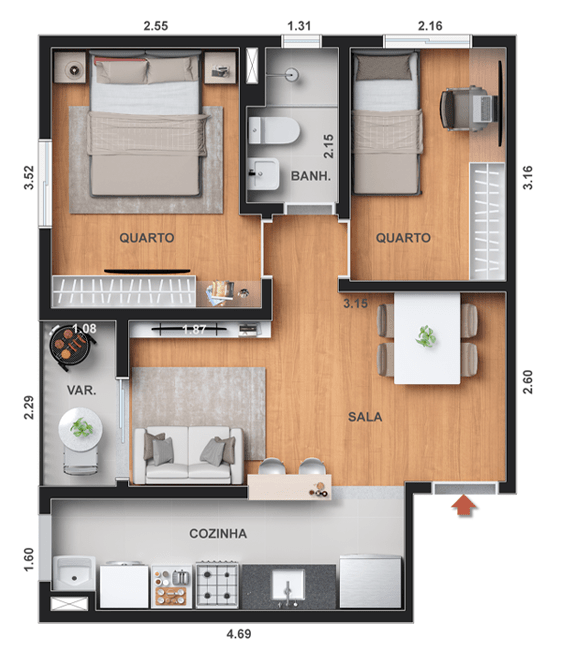 Planta 07 - 2 dorm 43 83m