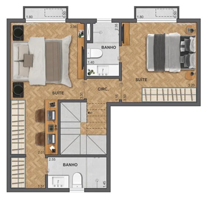 Planta 09 - 2 dorm 78,81m - cobertura duplex - inferior