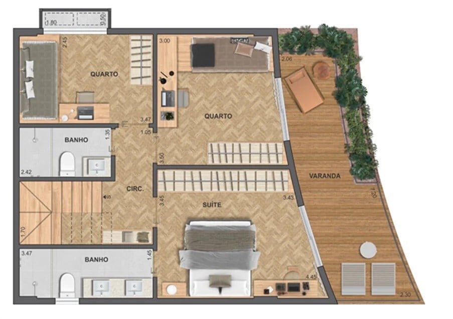 Planta 15 - 3 dorm 130,62m - cobertura duplex - inferior