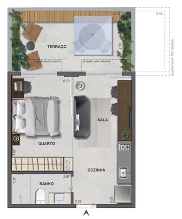 Planta 03 - 1 dorm 41,87m - garden