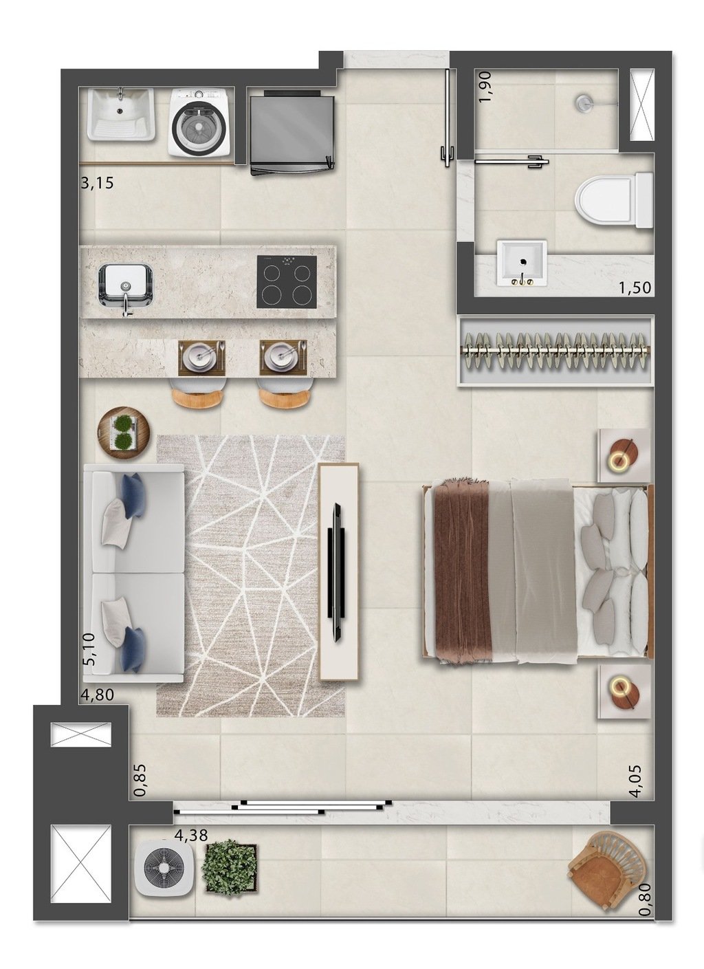 Planta 03 - 1 dorm 34,90m - studio