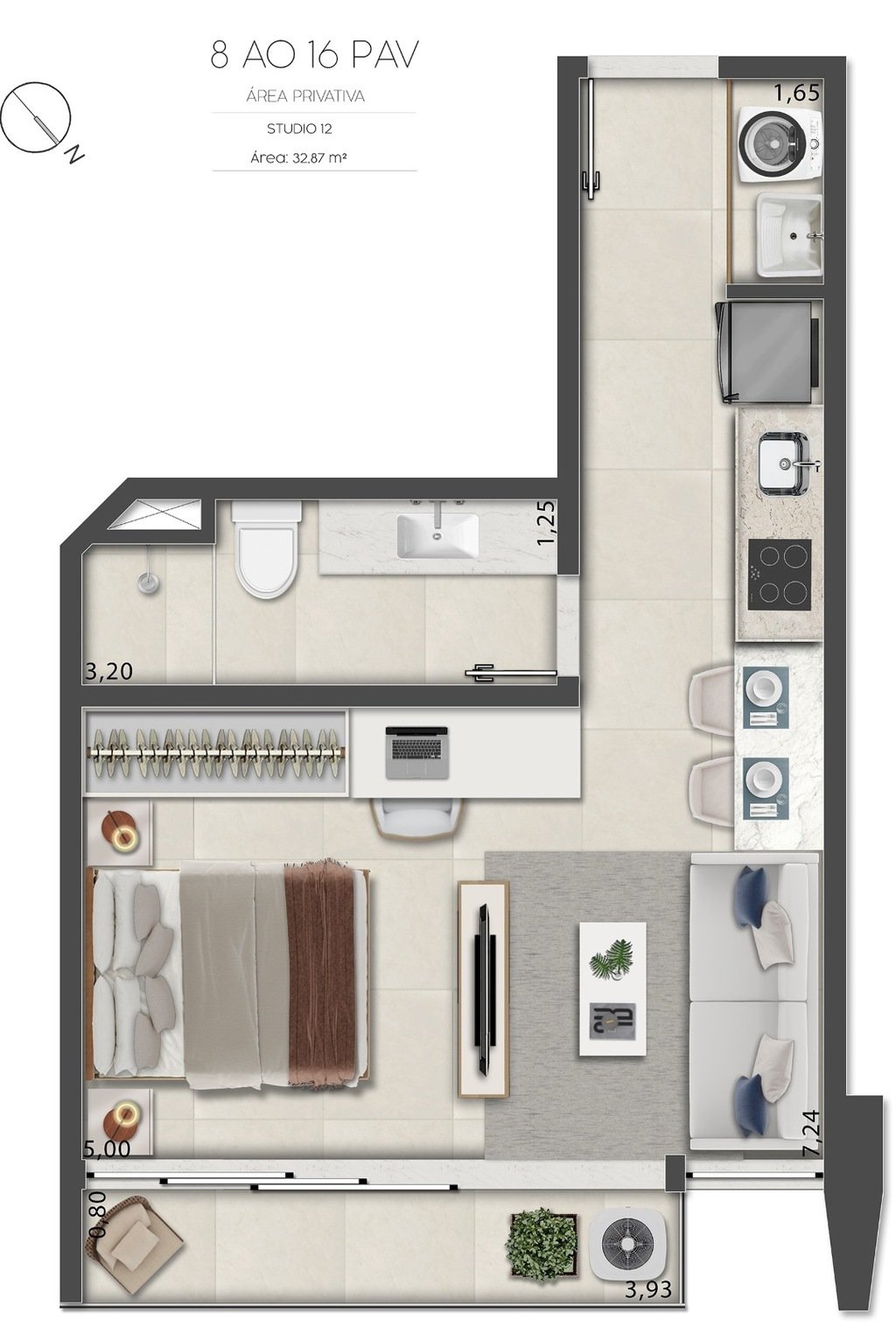 Planta 02 - 1 dorm 32,87m - studio