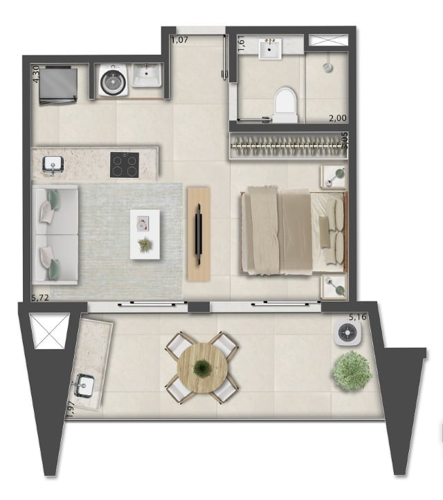 Planta 07 - 1 dorm 40,82m - studio