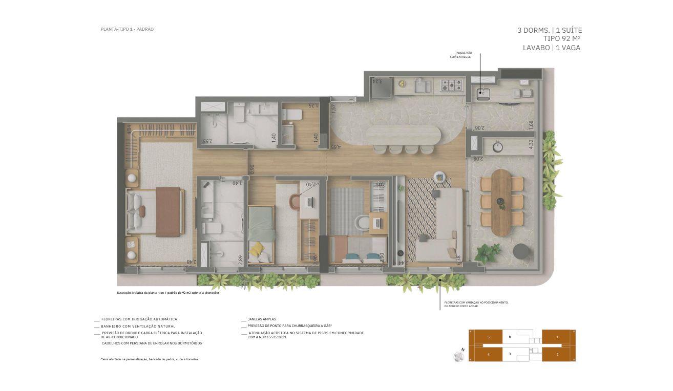 Planta tipo 92m - 3 Dorms - 1 Sute - Lavabo