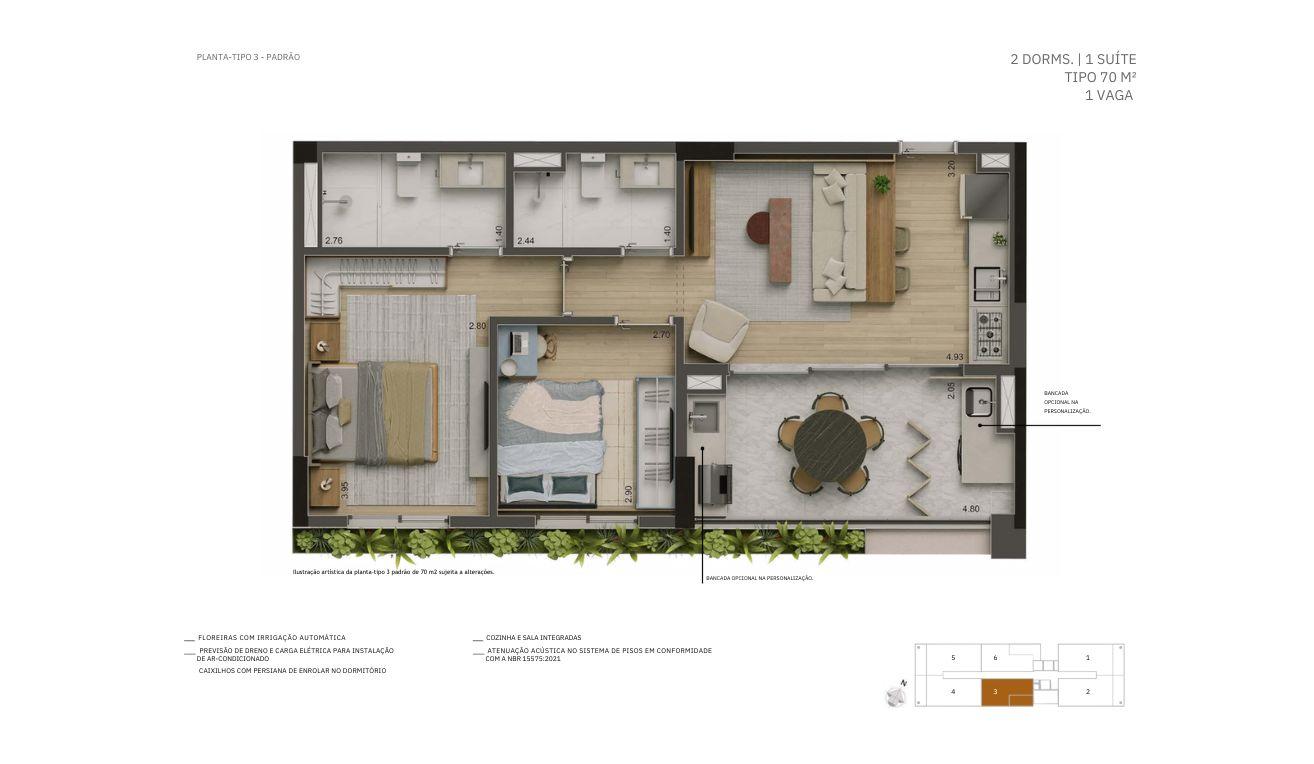 Planta Tipo 2 Dorms - 70m