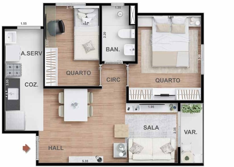 Planta 03 - 2 dorm 42 57m