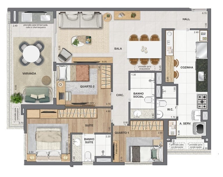 Planta 01 - 3 dorm 100,69m