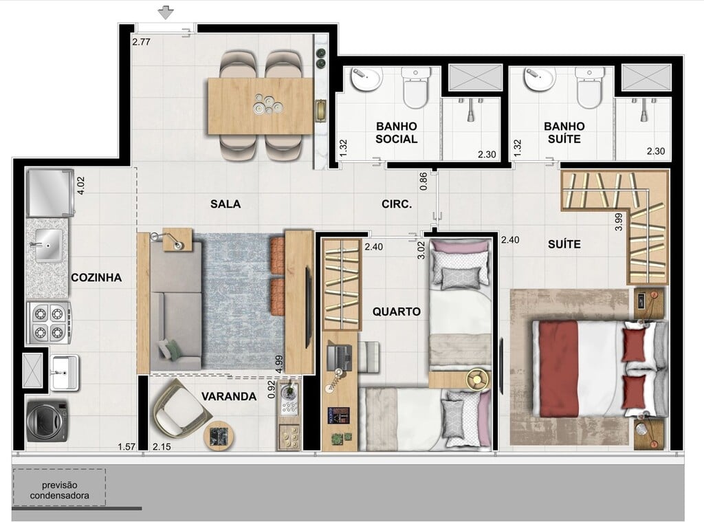 Planta 01 - 2 dorm 53 58m