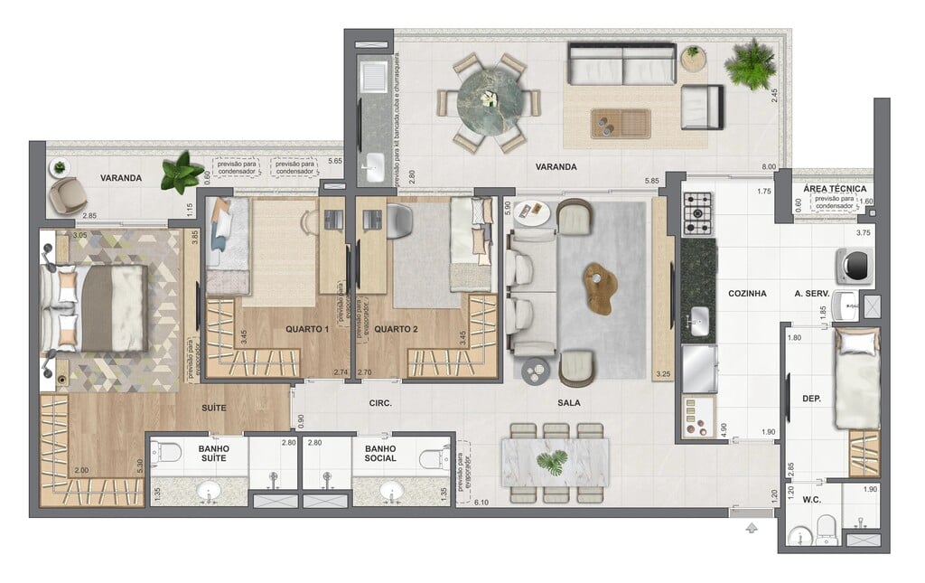 Planta 02 - 3 dorm 133,43m