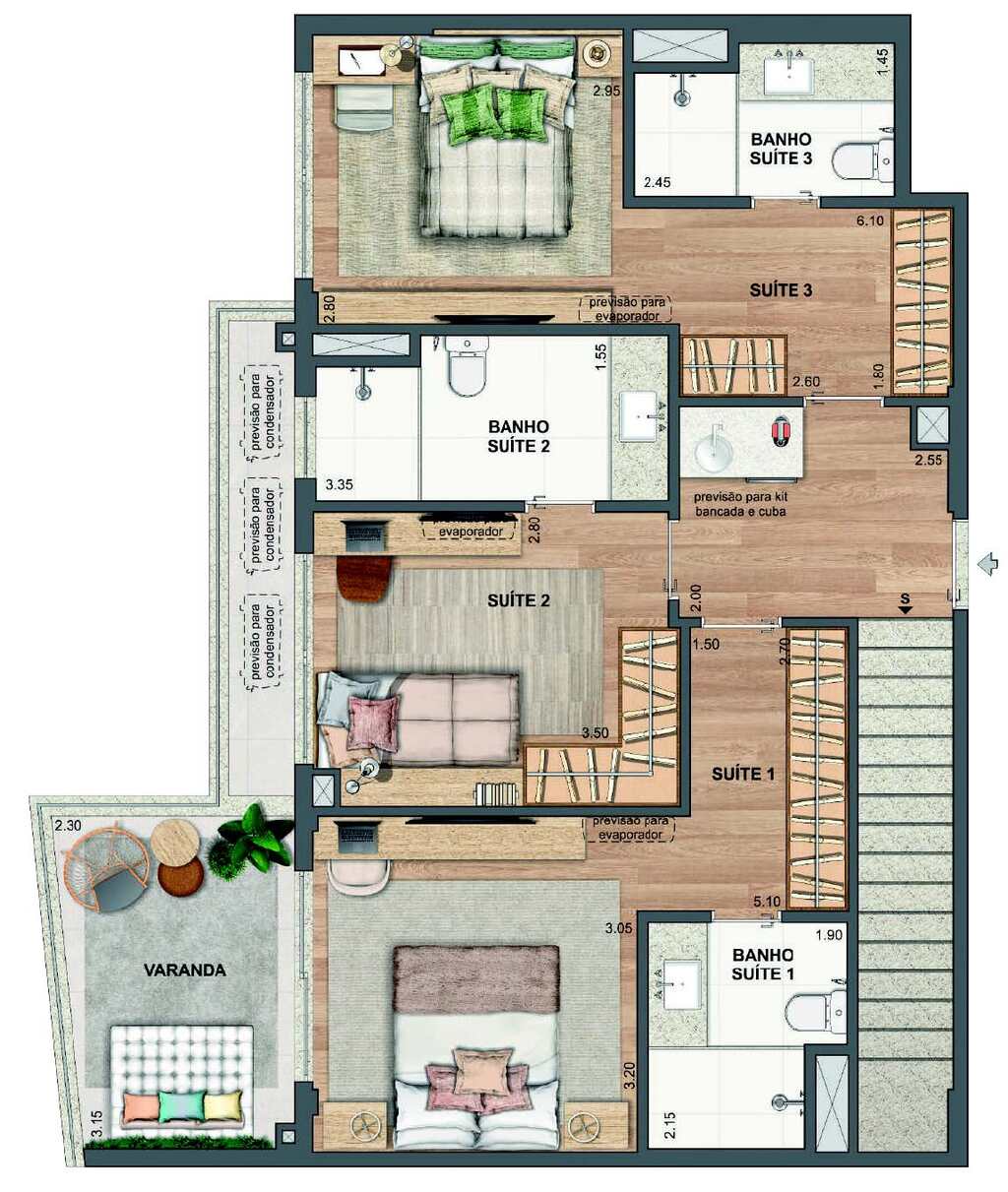 Planta 38 - 3 dorm 161,04m - cobertura duplex - inferior