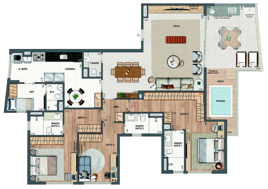 Planta 44 - 3 dorm 169,47m - cobertura horizontal