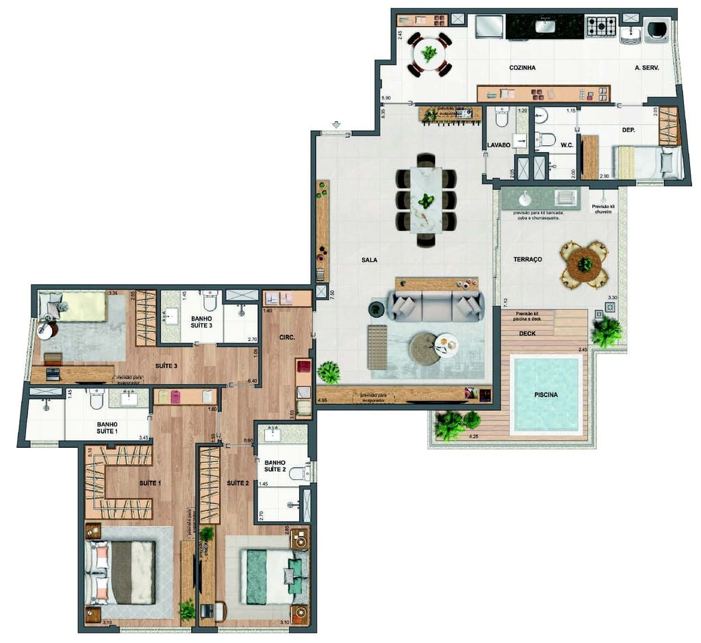 Planta 46 - 3 dorm 173,76m - cobertura horizontal