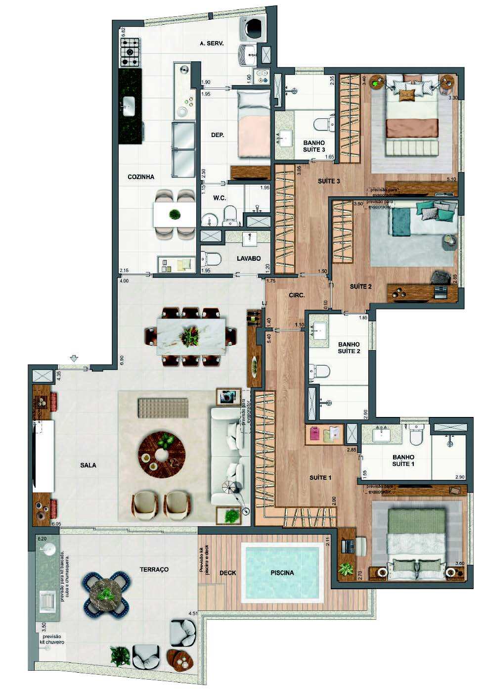 Planta 45 - 3 dorm 170,34m - cobertura horizontal