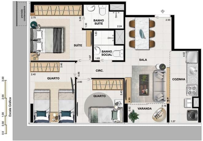 Planta 05 - 3 dorm 60,75m