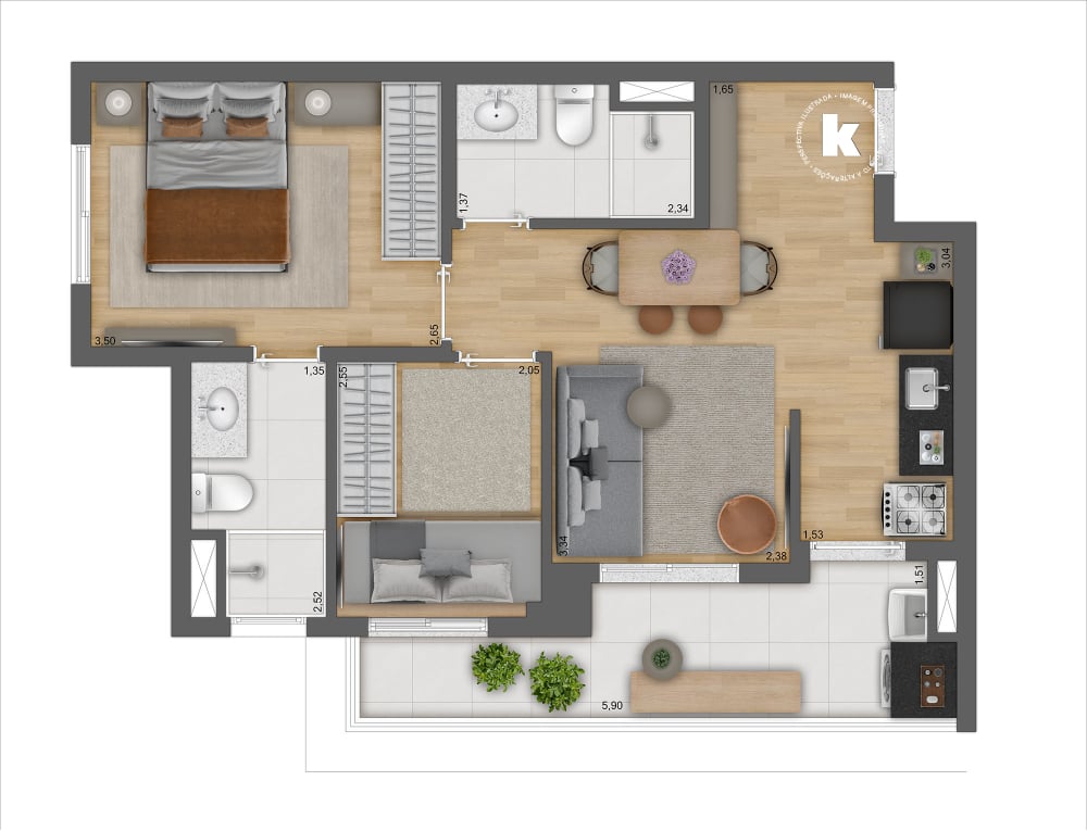 Planta 05 - 2 dorm 52,09m