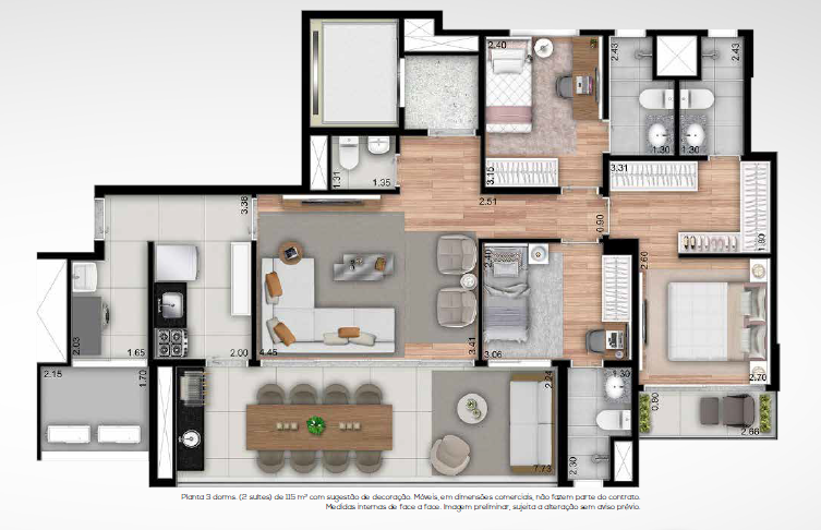 Planta 01 - 3 dorm 115m