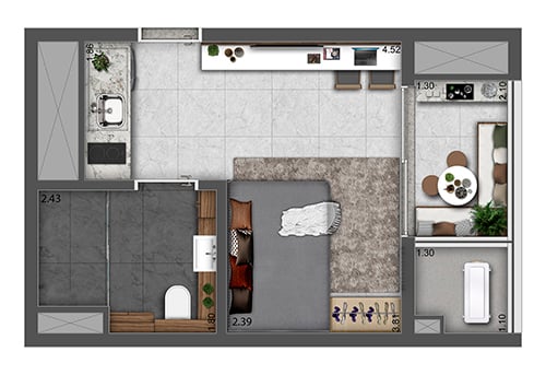 Planta 02 - 1 dorm 28m - studio