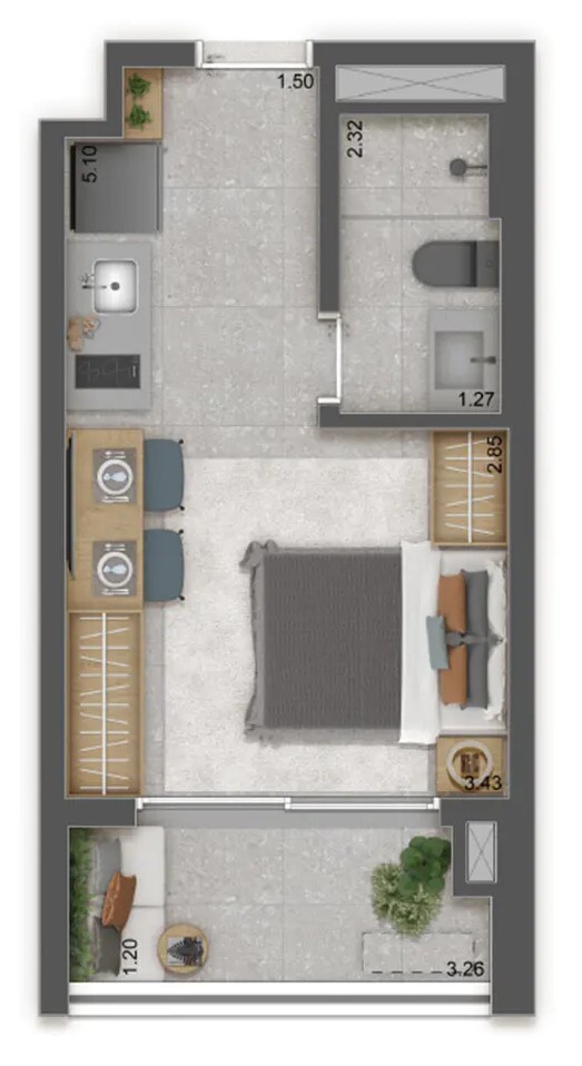 Planta 01 - 1 dorm 26m - studio