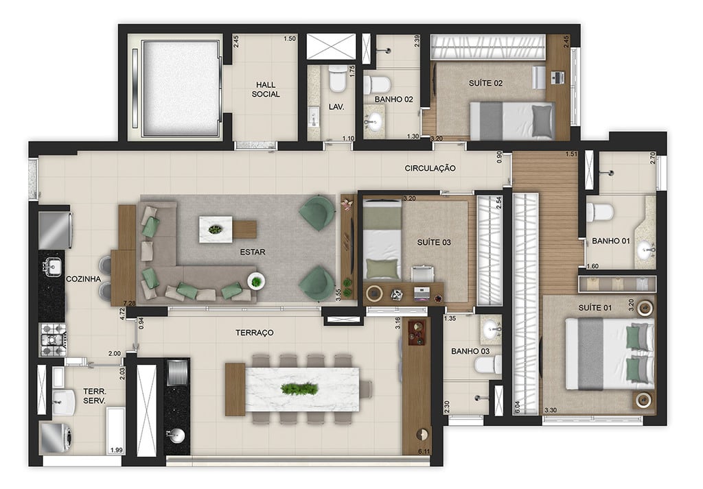 Planta 06 - 3 dorm 121m