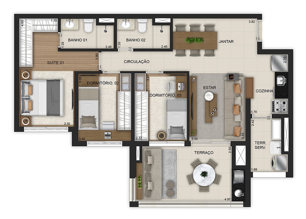 Planta 02 - 3 dorm 86m