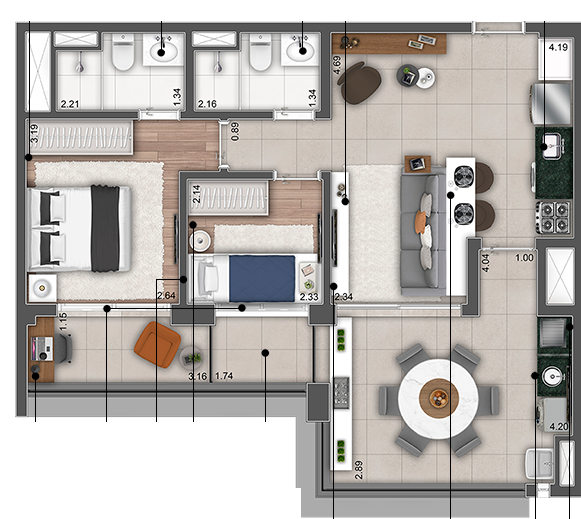 Planta 01 - 2 dorm 69m