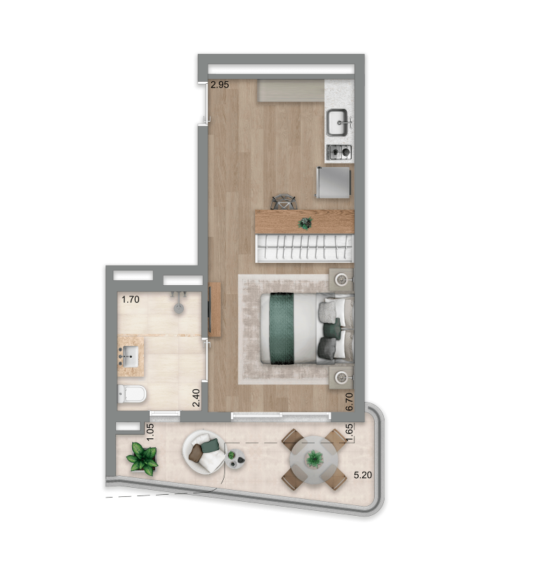 Planta 03 - 1 dorm 37 m - studio