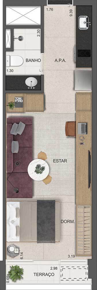 Planta 03 - 1 dorm 35m - studio