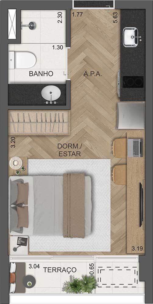 Planta 01 - 1 dorm 23m - studio