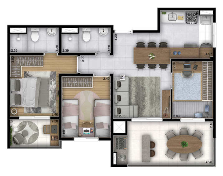 Planta 04 - 3 dorm 66,93m