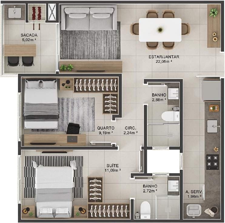 Planta 16 - 2 dorm 65 17m